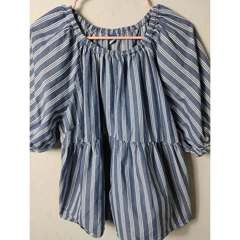 Old Navy Blue‎ White Stripe Off Shoulder Peplum Top Puff Sleeve Size L